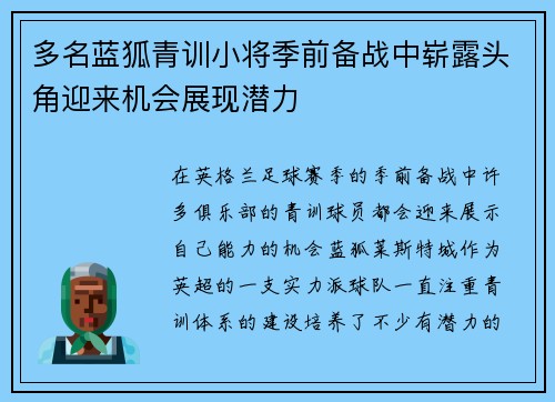 多名蓝狐青训小将季前备战中崭露头角迎来机会展现潜力