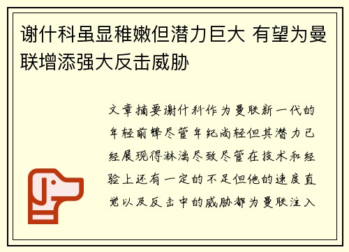 谢什科虽显稚嫩但潜力巨大 有望为曼联增添强大反击威胁