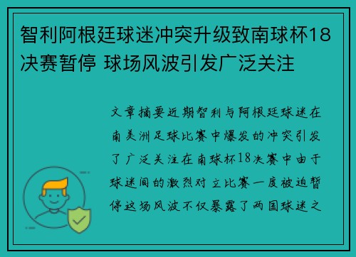 智利阿根廷球迷冲突升级致南球杯18决赛暂停 球场风波引发广泛关注